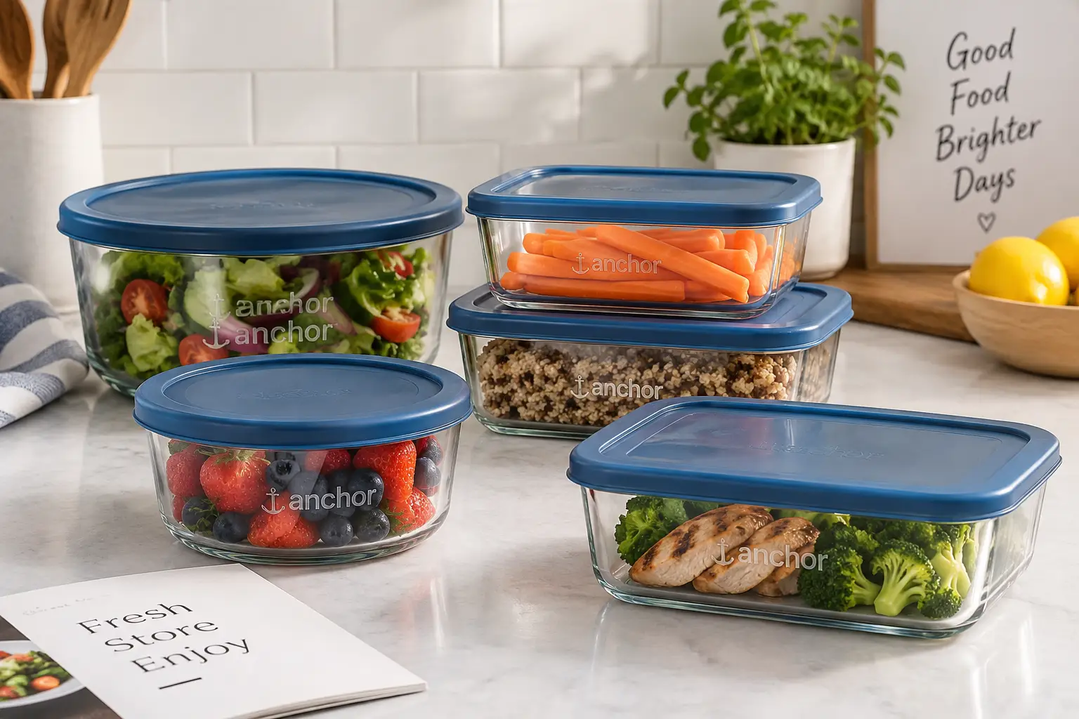 Anchor storage containers with blue lids filled with fresh food on a bright kitchen countertop