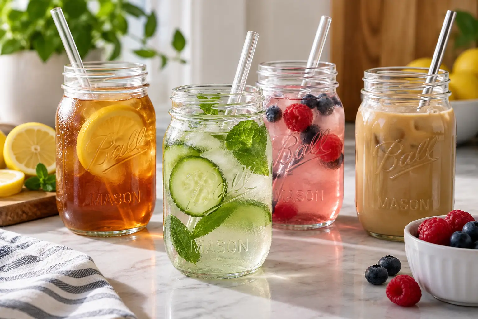 Canning jars used as drinking glasses filled with iced tea, fruit water, and coffee on a sunny kitchen counter