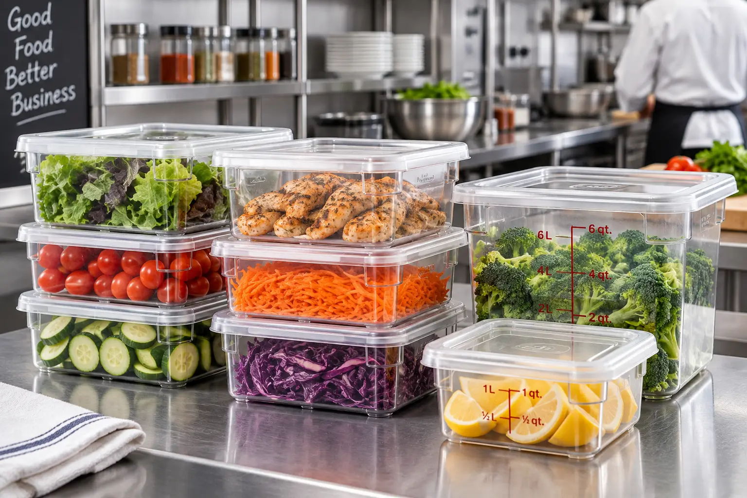 Commercial food containers filled with fresh ingredients and neatly stacked on a stainless steel kitchen counter