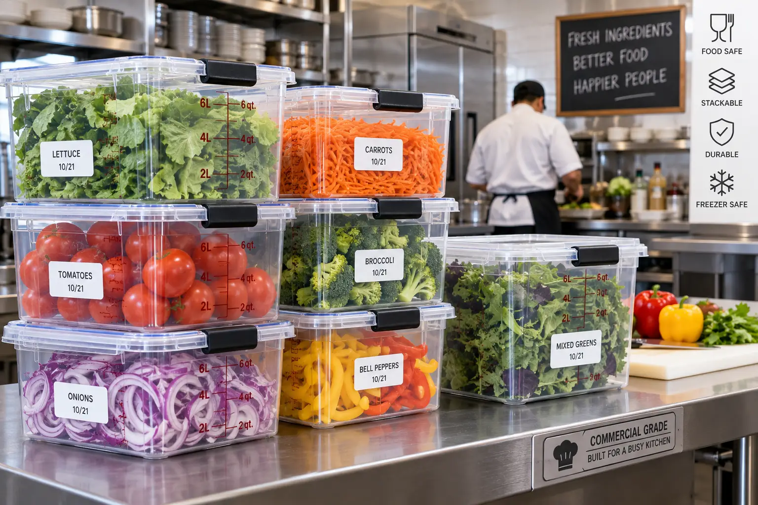 Commercial food storage boxes with secure lids and volume markings holding fresh ingredients in a professional kitchen