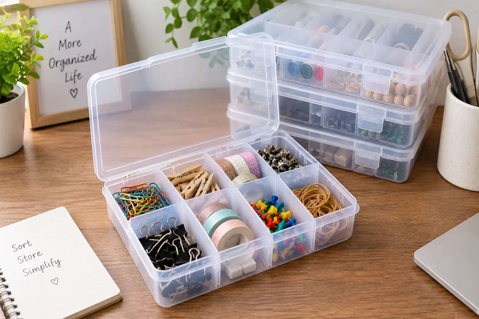 Clear divider boxes organizing small office and craft supplies on a wooden desk