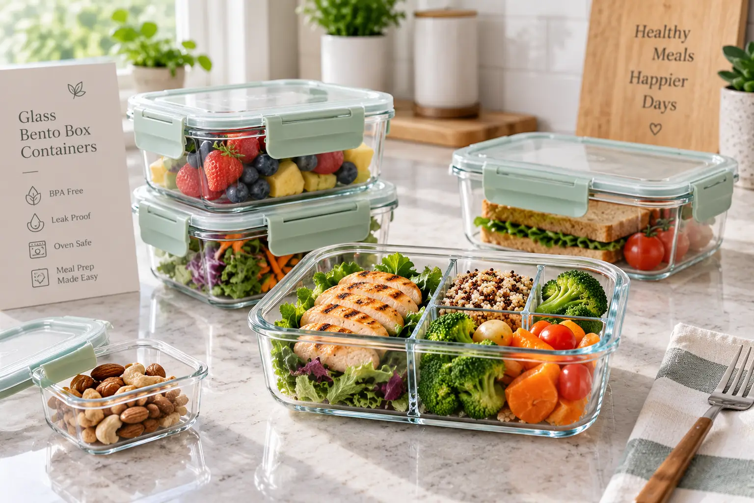Glass bento box containers filled with healthy meal prep and fresh foods on a kitchen counter
