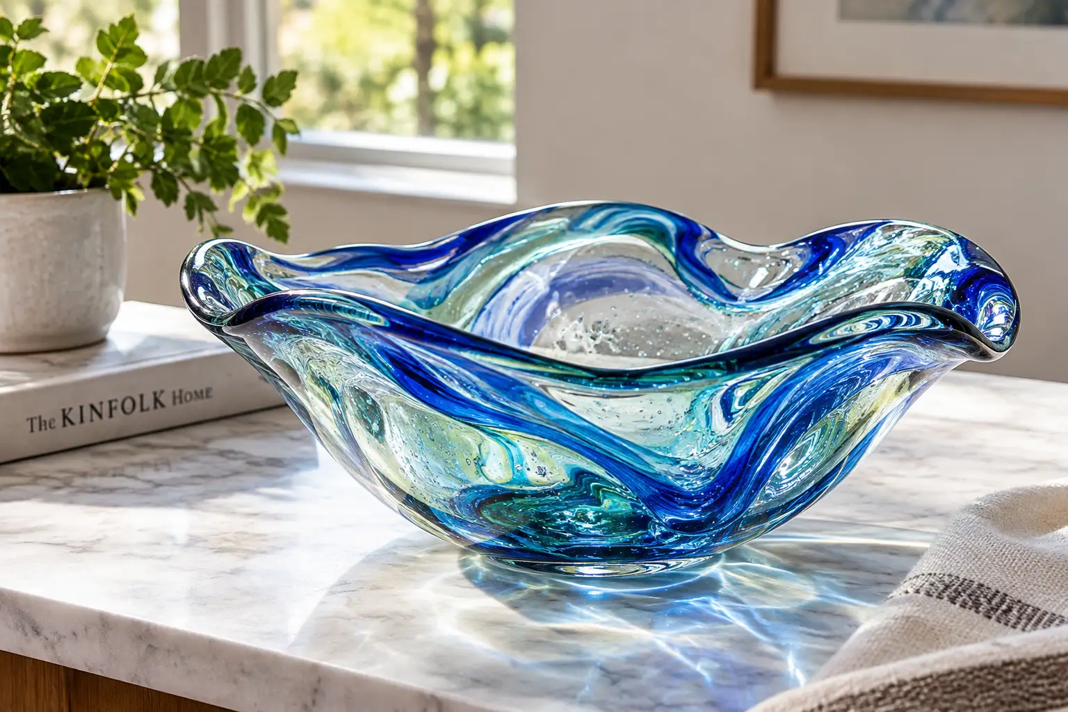 Hand-blown glass bowl with blue and aqua swirls displayed on a marble tabletop in natural light