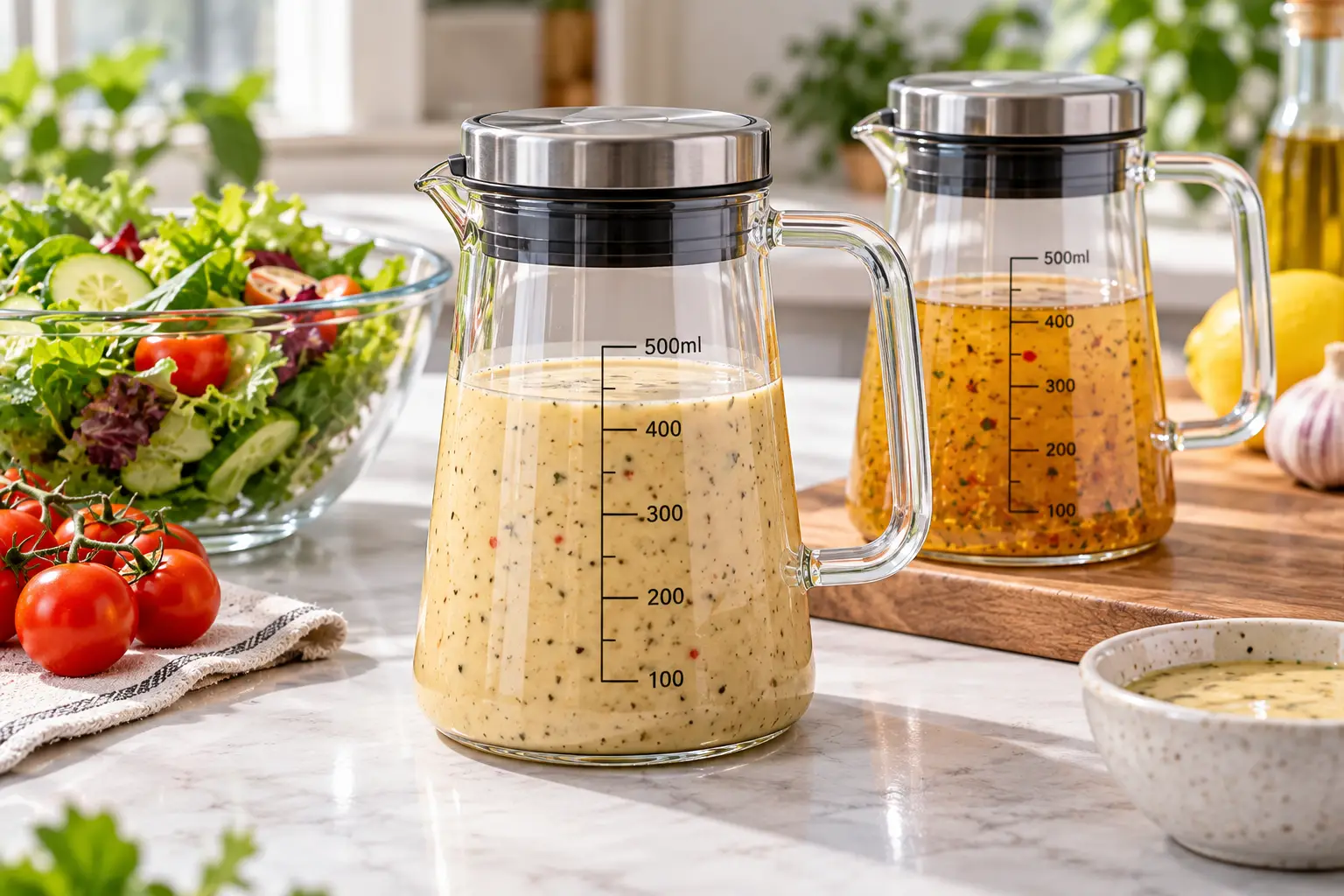 Glass dressing container with measurement markings filled with creamy salad dressing on a kitchen counter