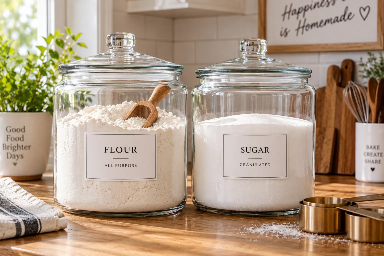 Glass flour and sugar containers with airtight lids on an organized kitchen countertop
