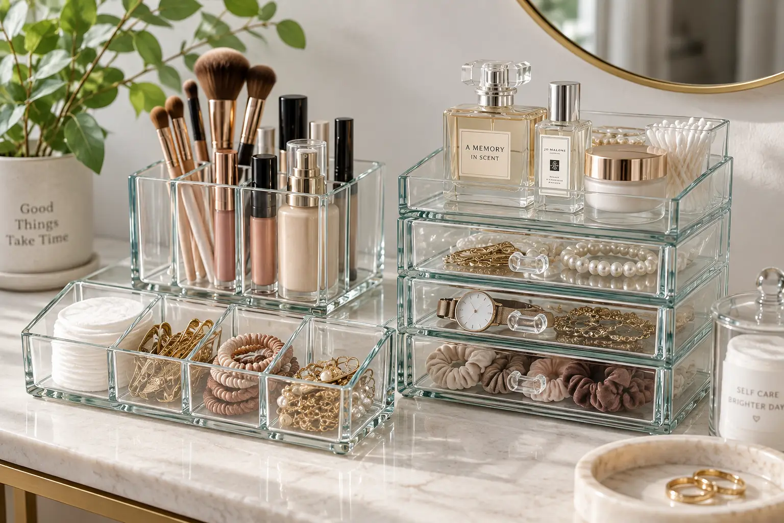 Clear glass organizers neatly arranged on a shelf for storing cosmetics and small accessories