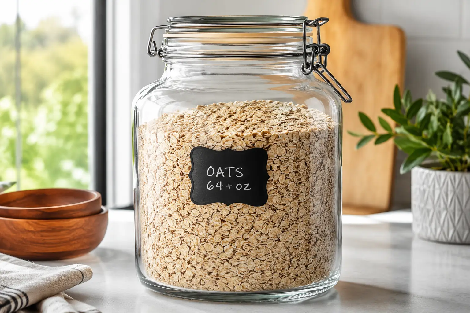 Large glass over 64 oz storage jar with airtight clamp lid filled with oats on a bright kitchen countertop