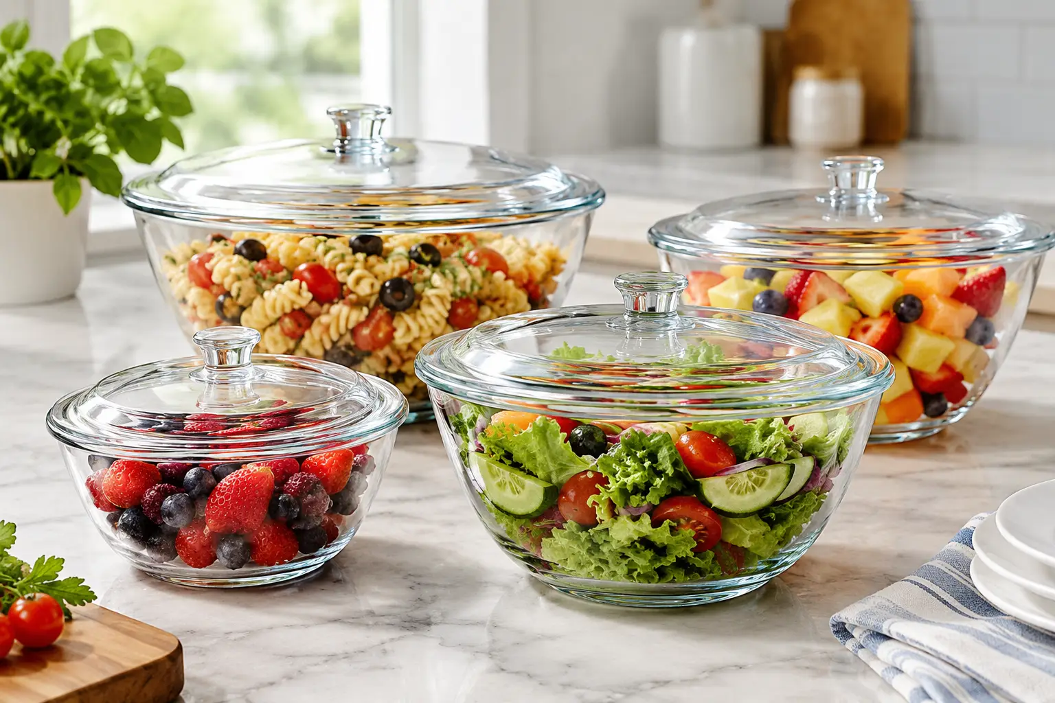 Glass serving bowls with lids filled with fresh salad, fruit, berries, and pasta on a bright kitchen counter