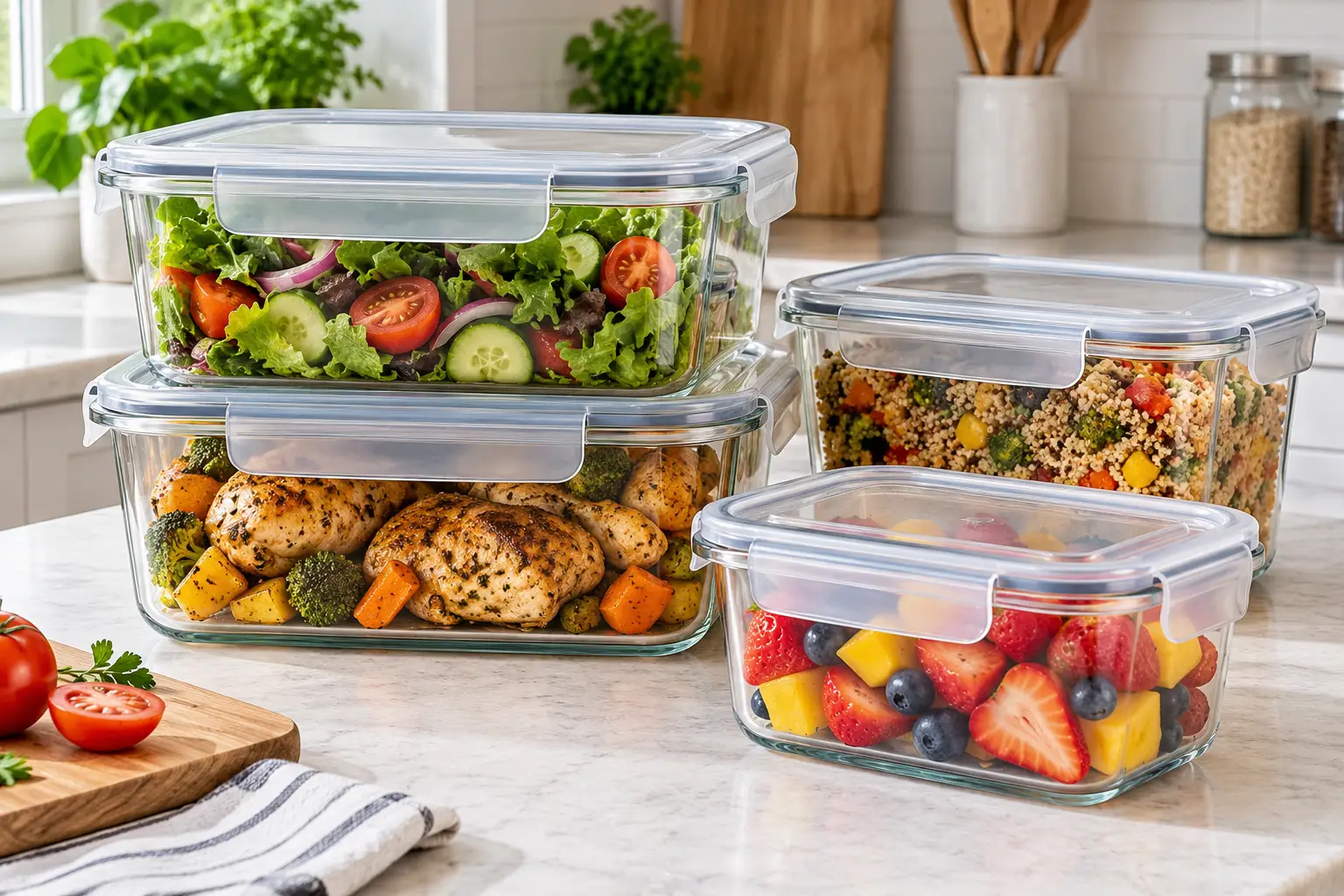 Large glass food storage containers with lids filled with fresh salads, roasted chicken, vegetables, grains, and fruit on a bright kitchen counter.