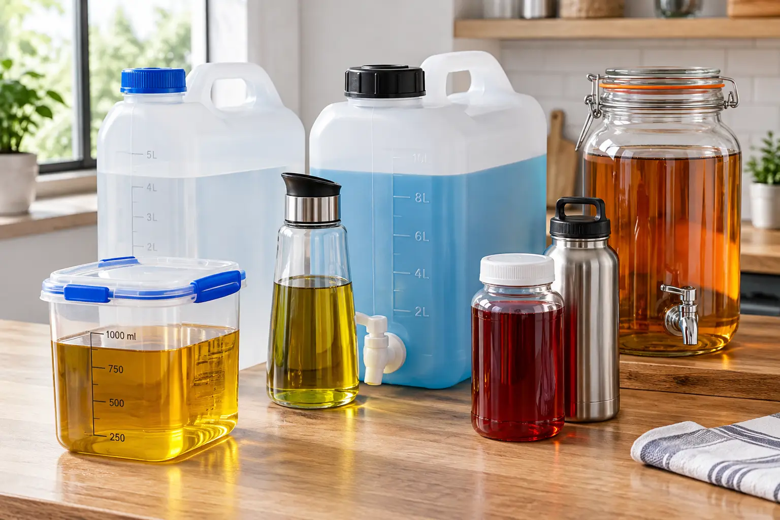Liquid storage containers in various sizes for storing and dispensing oils, drinks, and other liquids