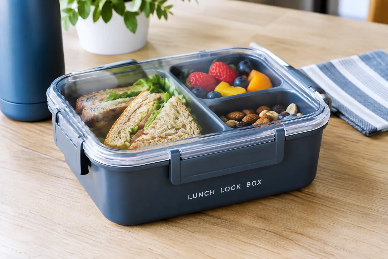 Photorealistic lunch lock box with sandwiches, fresh berries, fruit, and nuts in a divided container on a wooden table