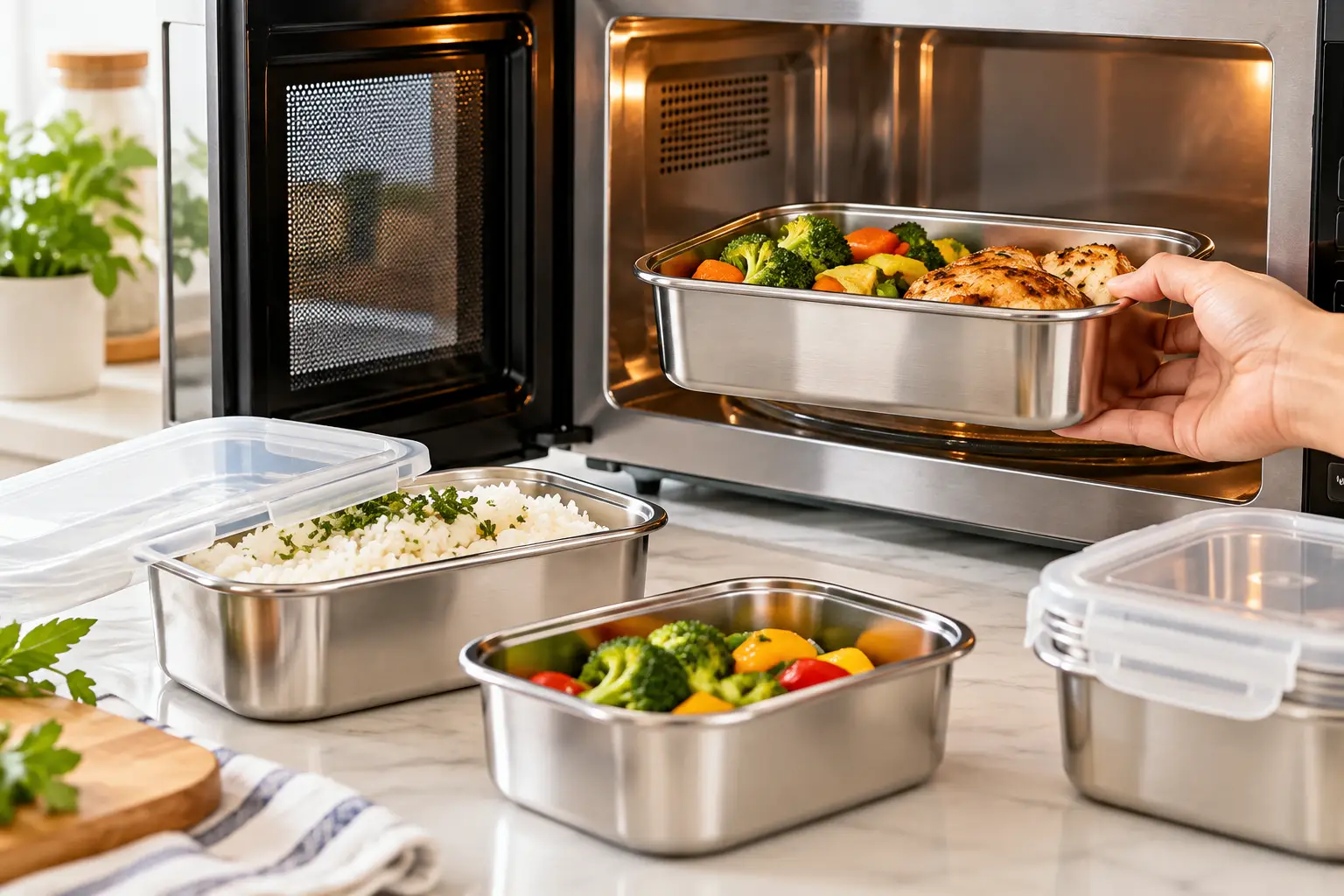 Microwave safe metal containers with prepared food being used in a modern kitchen microwave