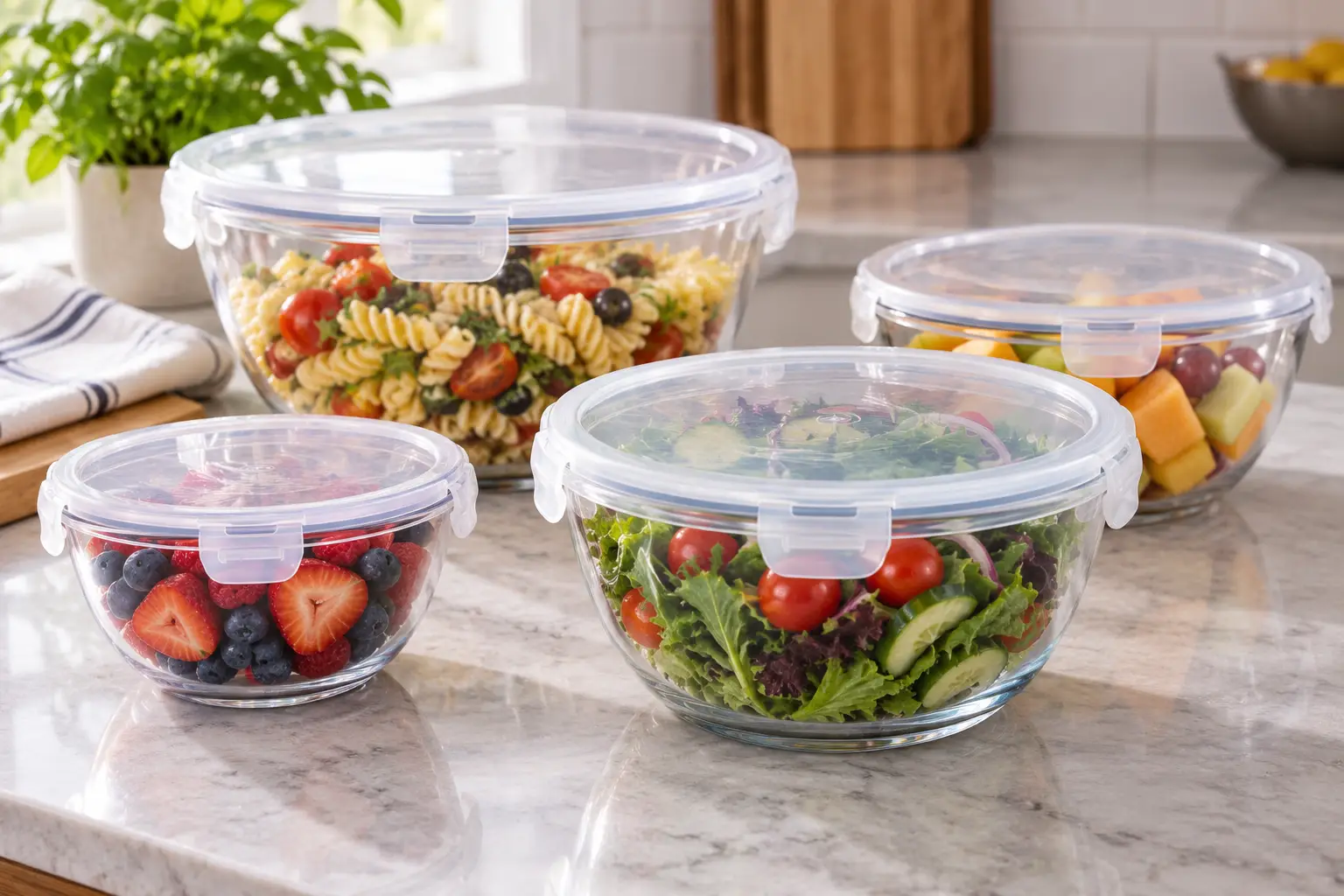 Plastic covered bowls with clear snap-lock lids filled with fresh salad, berries, pasta, and fruit