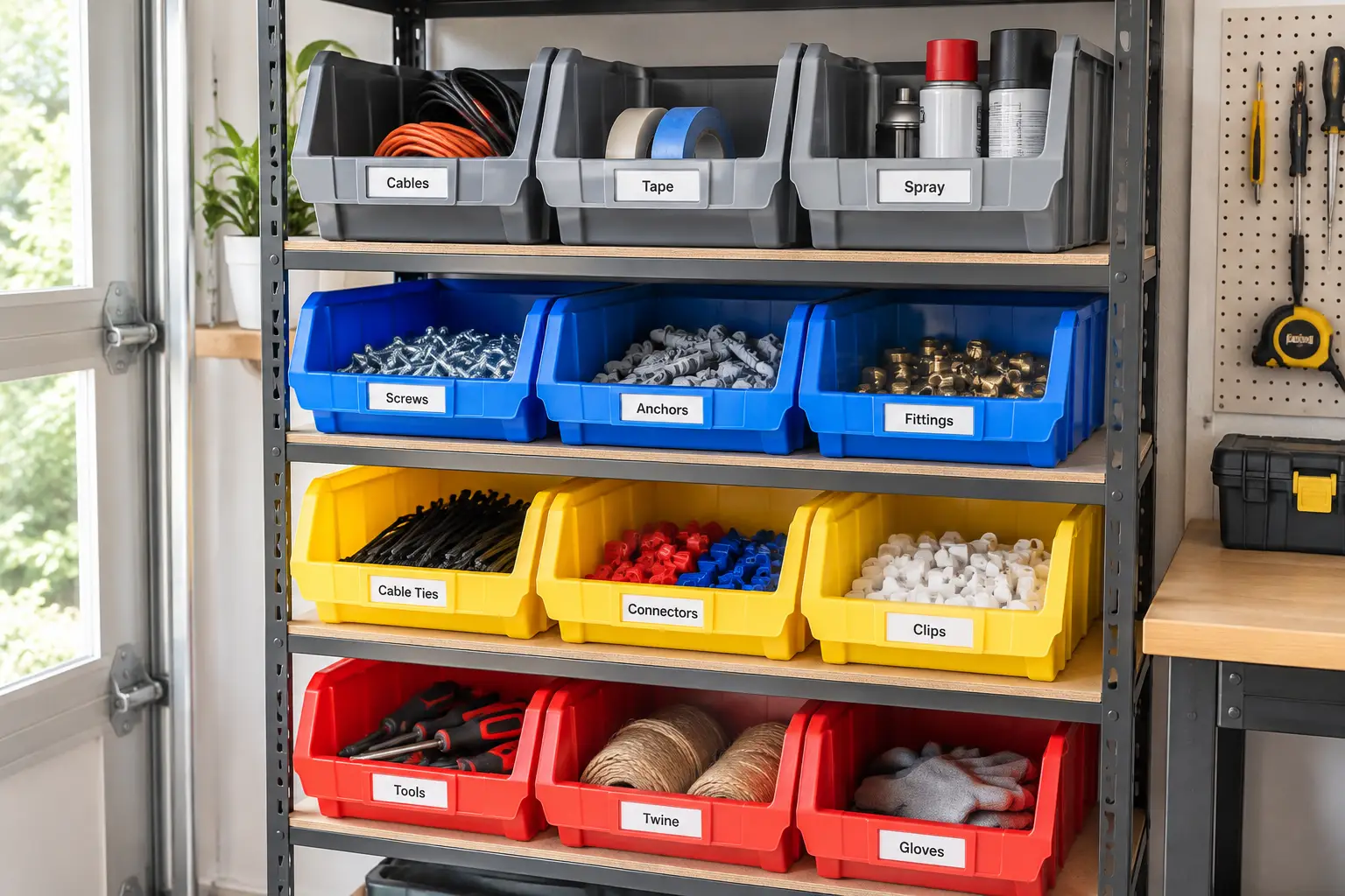 Plastic shelving bins organized on a metal storage rack in a tidy garage workshop
