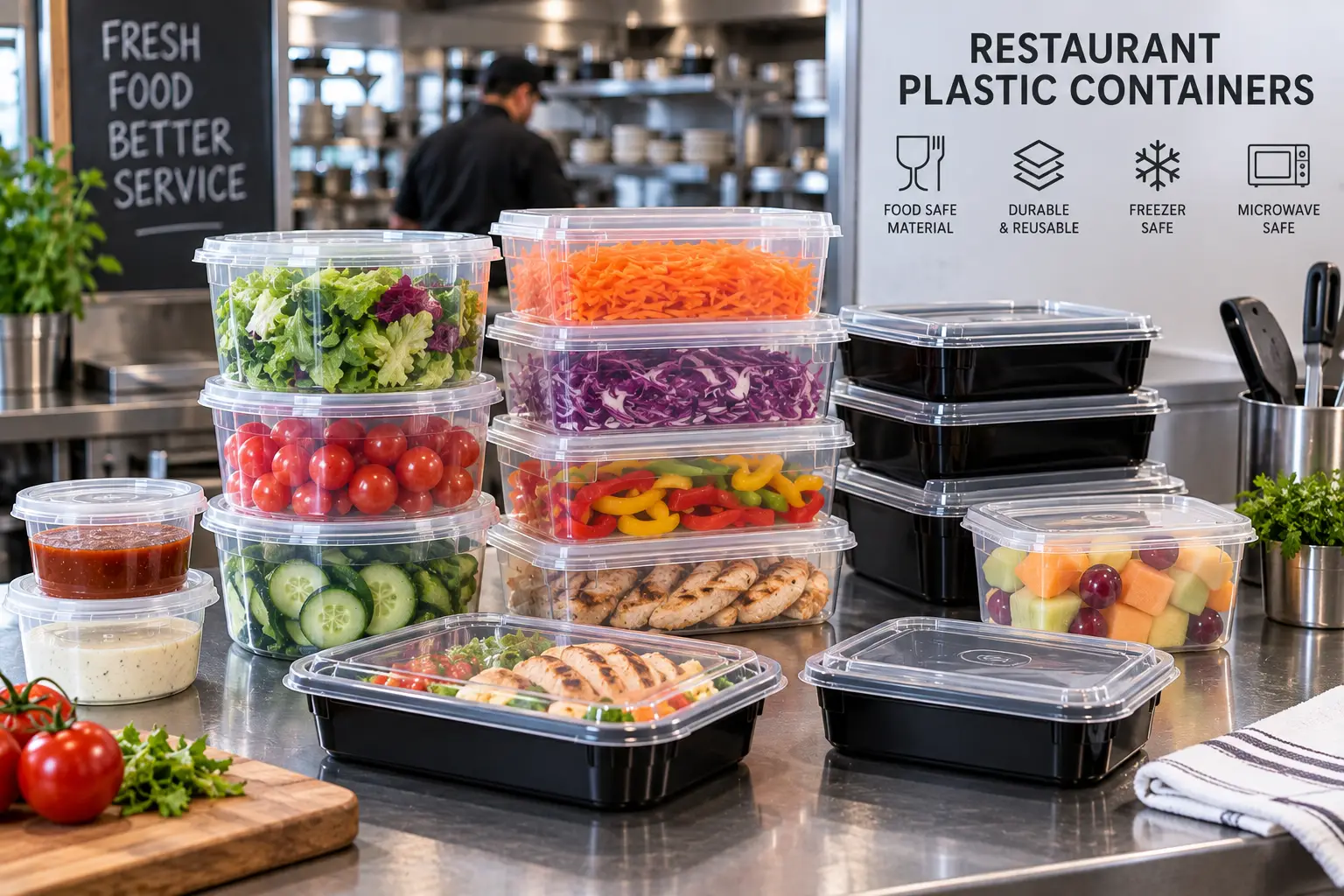 Restaurant plastic containers filled with prepared food and fresh ingredients on a commercial kitchen counter