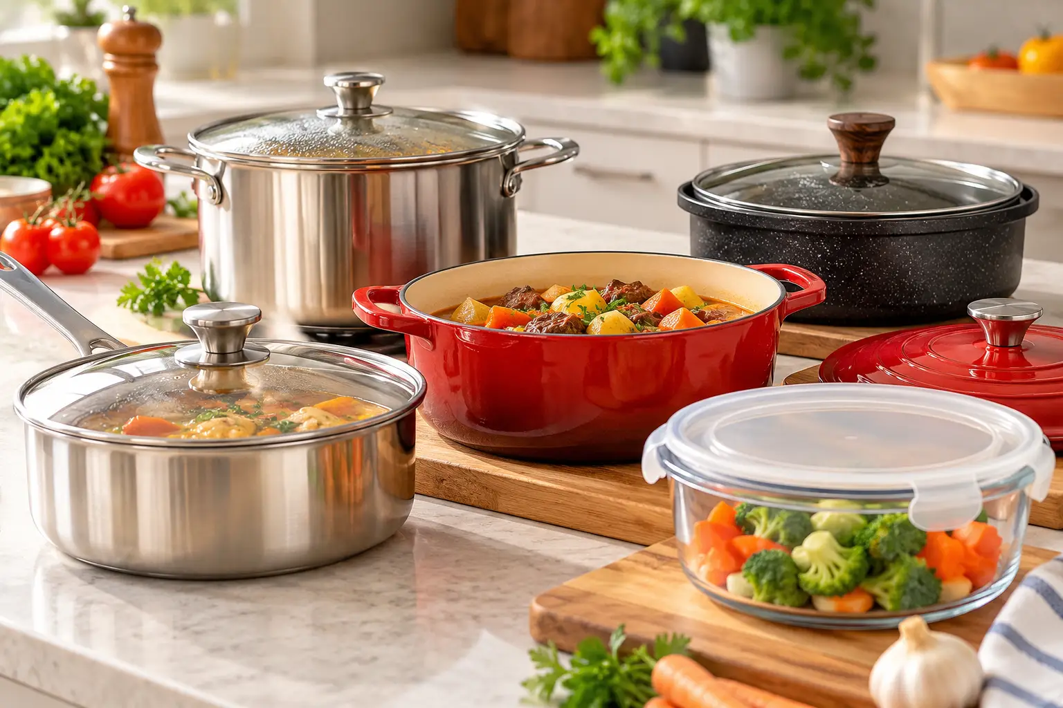 Round containers used for cooking, including stainless steel pots, Dutch oven, and glass food container in a bright modern kitchen.