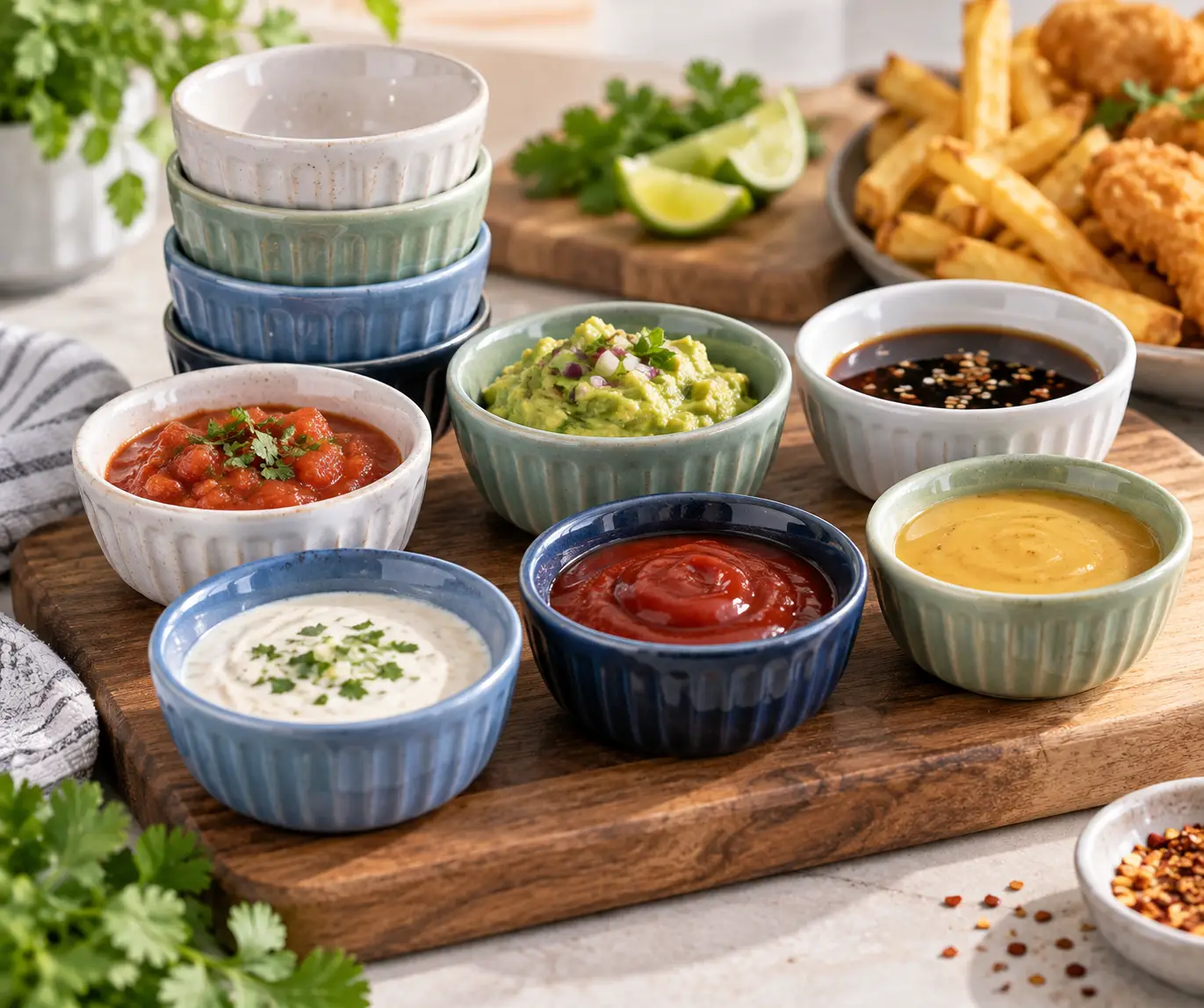 Small dipping bowls filled with assorted sauces and dips on a wooden serving board