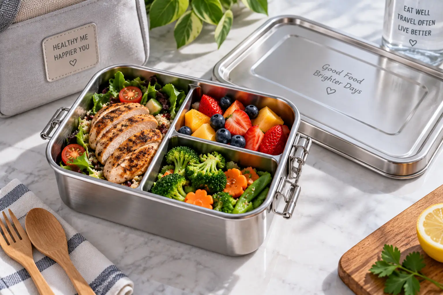 Stainless bento lunch box with separate compartments filled with chicken, vegetables, grains, and fresh fruit