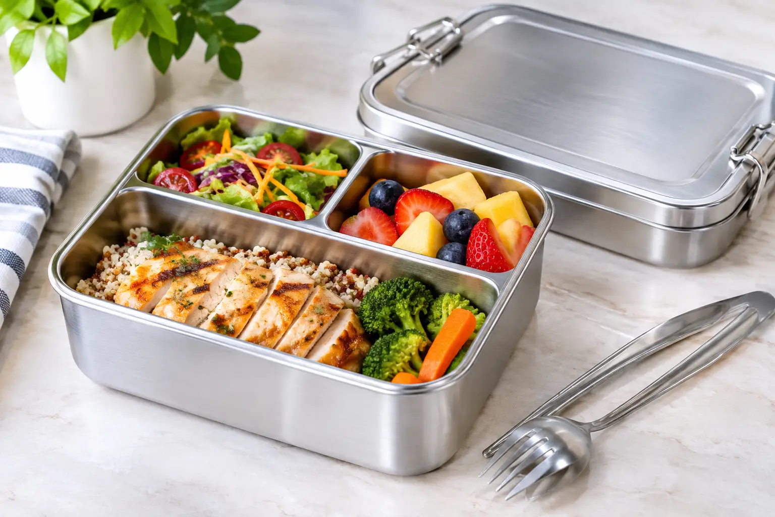 Stainless steel bento box lunch box with grilled chicken, fresh vegetables, salad, and fruit compartments