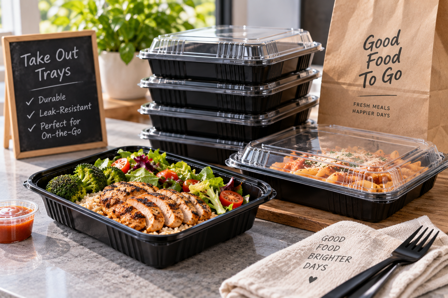 Take out trays filled with prepared meals and stacked for convenient food delivery
