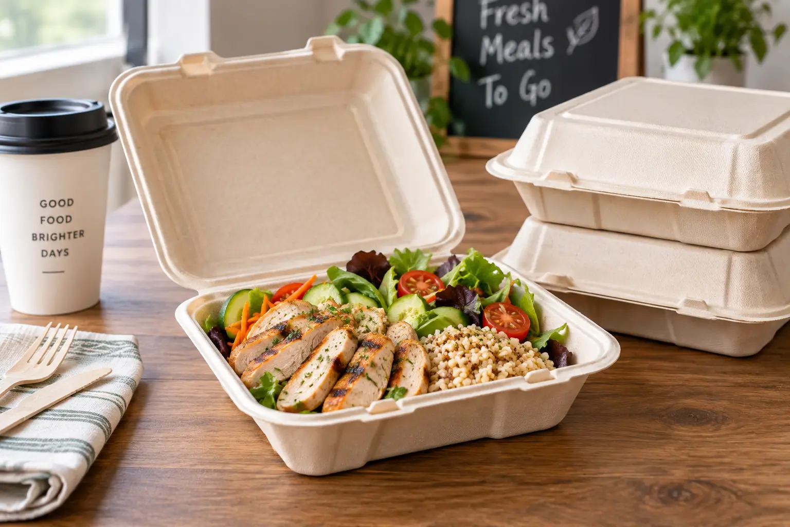 Togo container filled with a fresh takeaway meal and vegetables on a wooden table