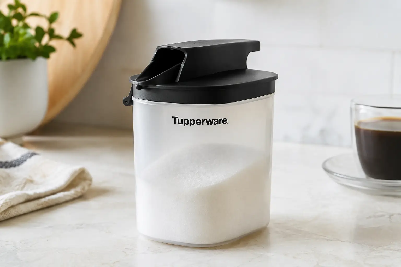 Tupperware sugar dispenser filled with granulated sugar on a bright kitchen countertop