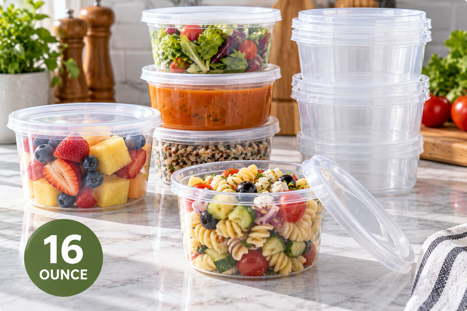16 ounce plastic containers with lids featuring clear, stackable food storage tubs filled with fresh fruit, pasta salad, soup, and quinoa, ideal for meal prep, takeout orders, and food storage.
