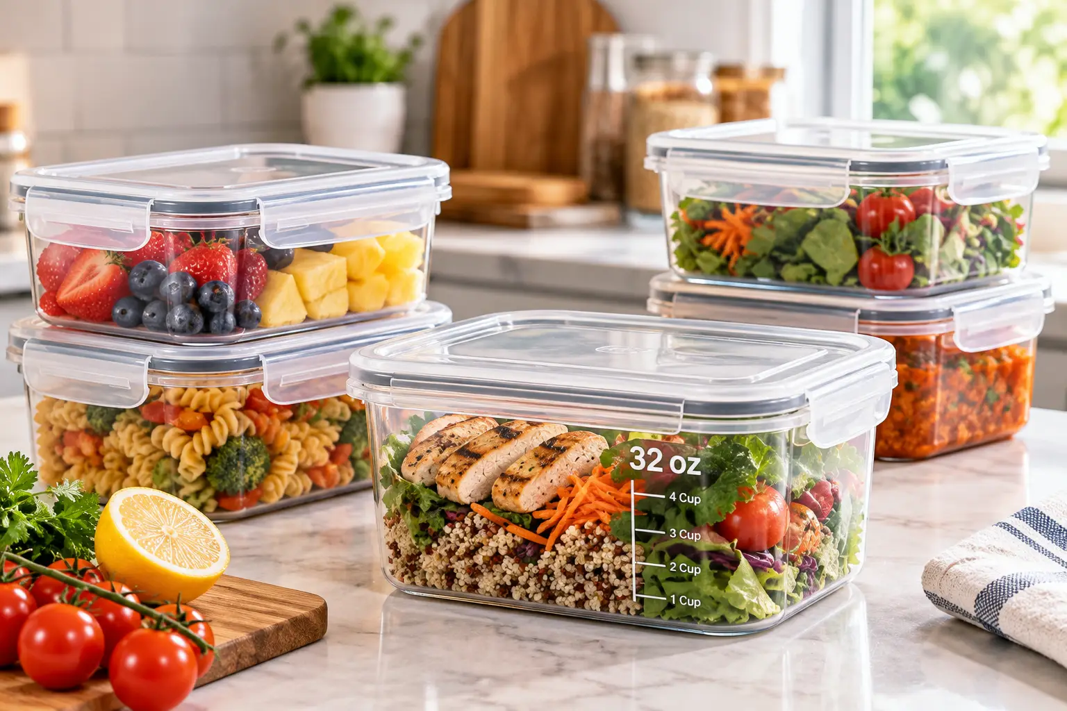 32 oz food storage containers featuring clear airtight plastic containers with secure snap-lock lids, filled with fresh fruit, pasta, salad, grilled chicken, and prepared meals, neatly arranged on a bright kitchen countertop in natural light.
