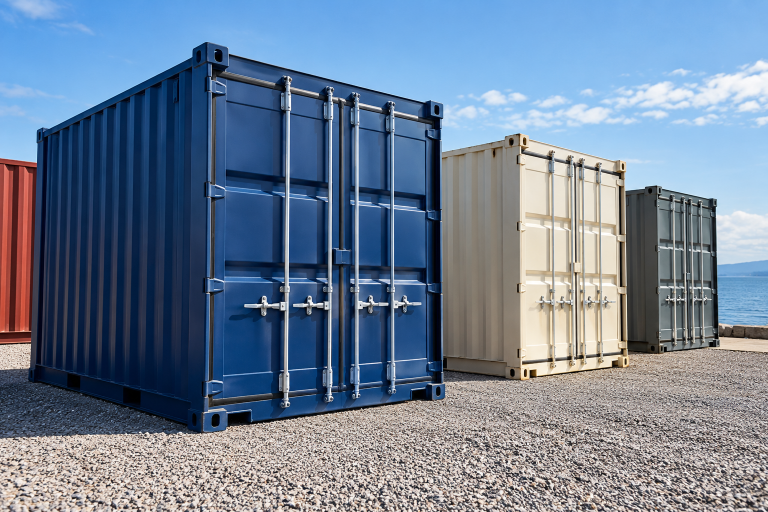 Anchor containers in blue, beige, and gray arranged in a sunny outdoor storage yard near the waterfront.