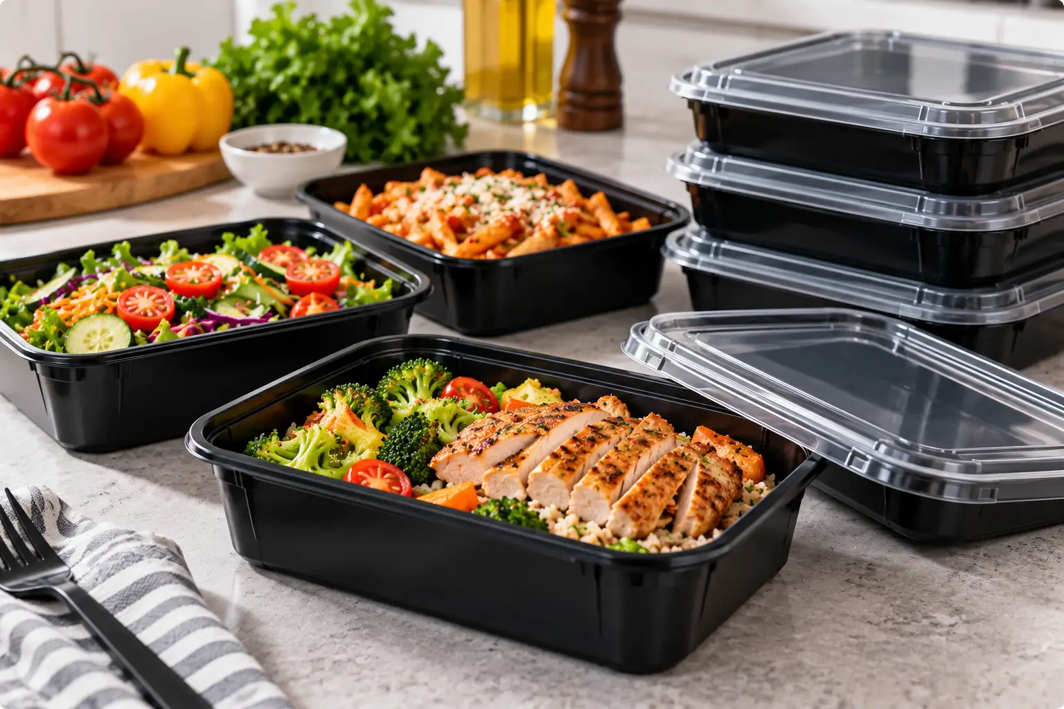 Black food container featuring reusable black meal prep trays with clear lids, filled with grilled chicken, salmon, fresh salads, rice, and vegetables, arranged on a bright kitchen countertop for convenient food storage and meal preparation.