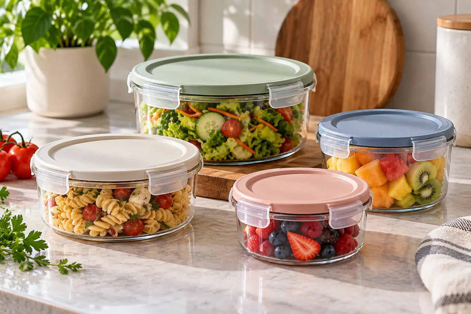 Circular containers with clear, round bodies and colorful airtight lids, filled with fresh salad, pasta, and fruit on a bright kitchen countertop.