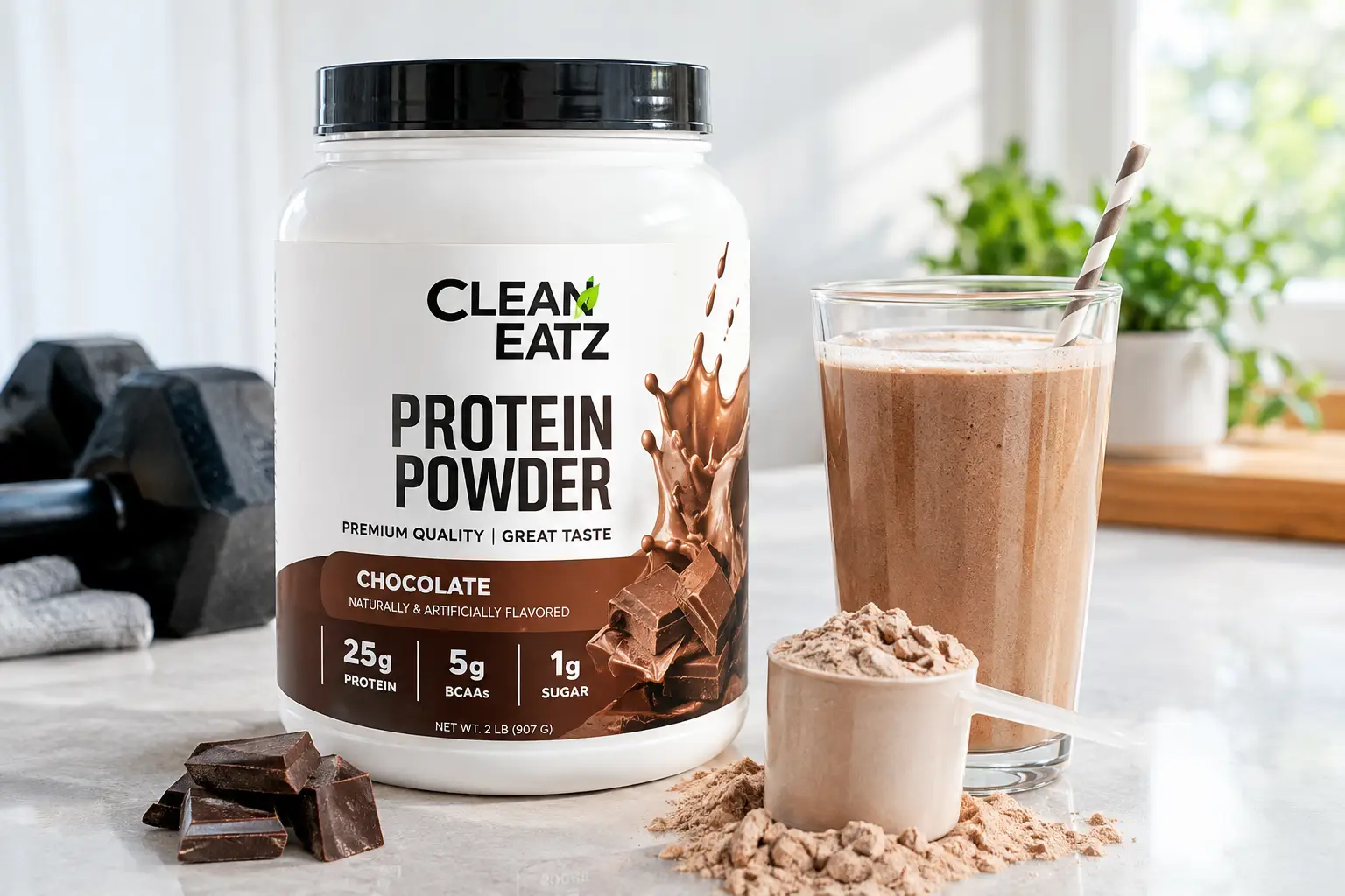 Clean Eatz protein powder with chocolate shake and scoop of protein powder on a bright kitchen counter