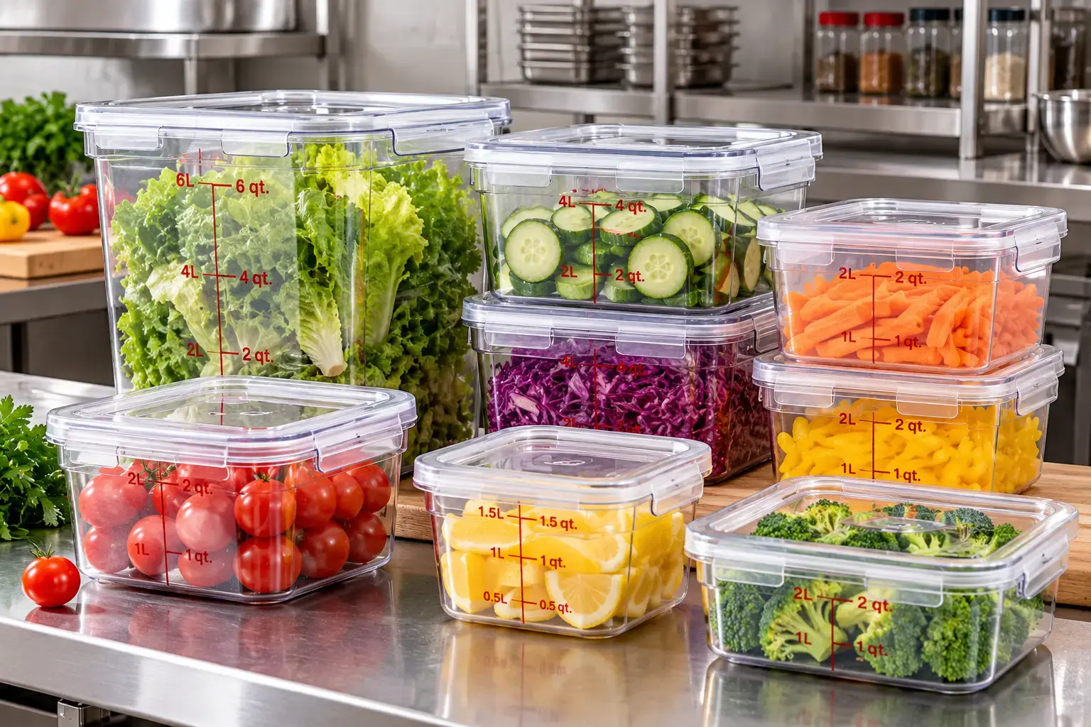 Commercial food storage containers with lids featuring clear, stackable plastic containers with secure airtight covers and measurement markings, filled with fresh lettuce, cucumbers, tomatoes, carrots, cabbage, and broccoli on a stainless steel countertop in a professional kitchen.