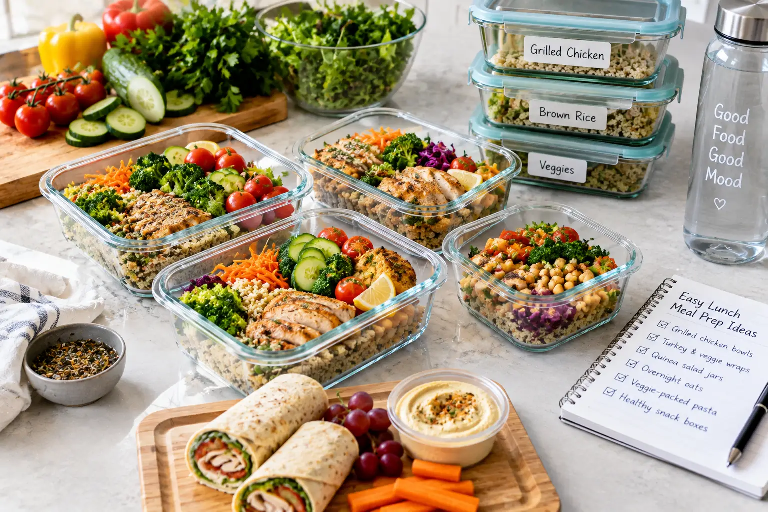 Easy meal prep ideas for lunch featuring grilled chicken bowls, fresh vegetable salads, healthy wraps, and colorful ingredients in glass containers