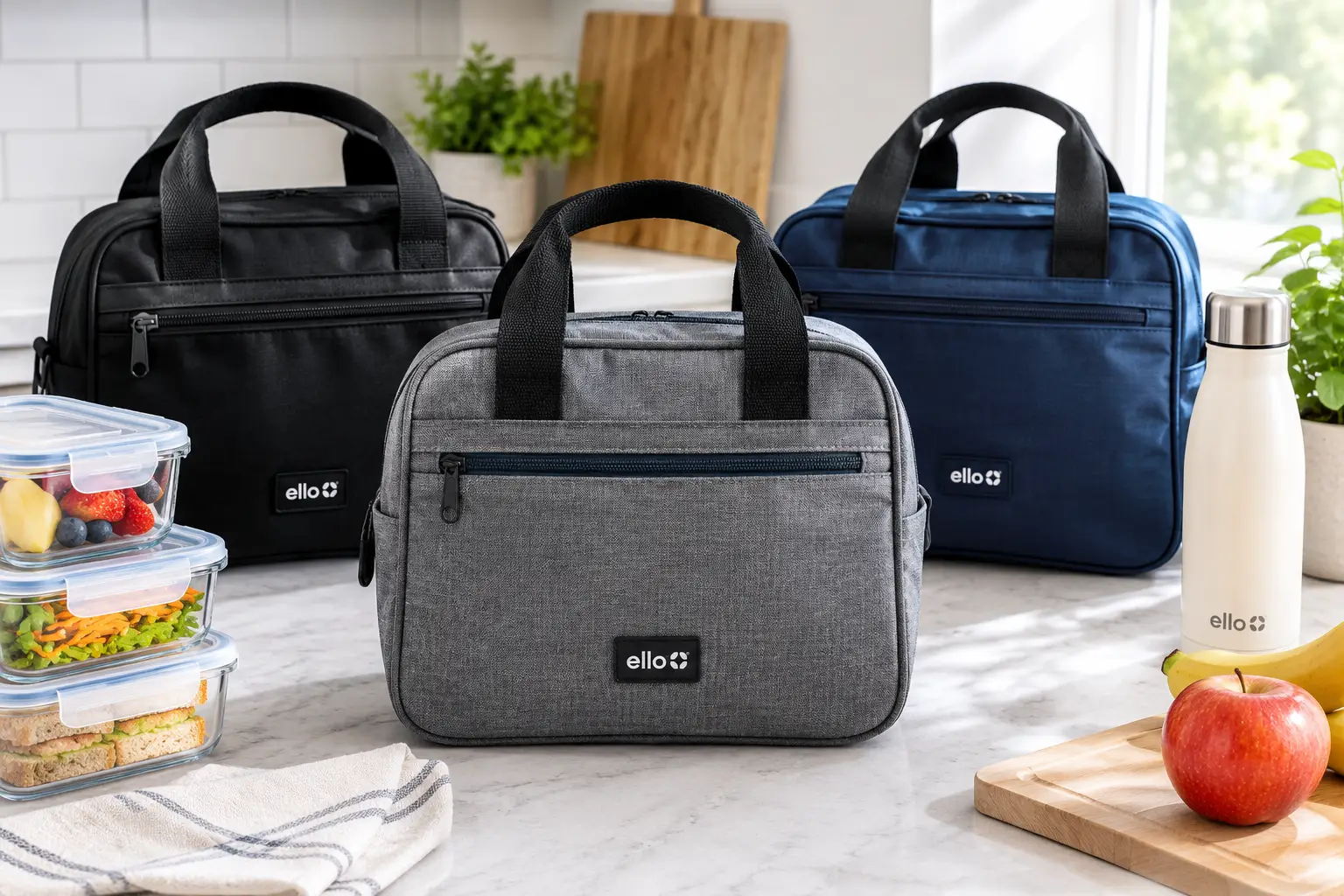 Ello lunch bags in black, gray, and navy with insulated compartments, food containers, and a reusable water bottle on a bright kitchen counter.