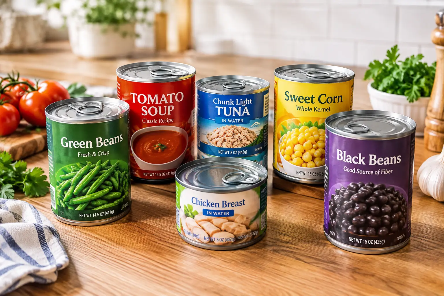 Food tins with canned vegetables, soup, tuna, corn, chicken, and black beans arranged on a kitchen counter