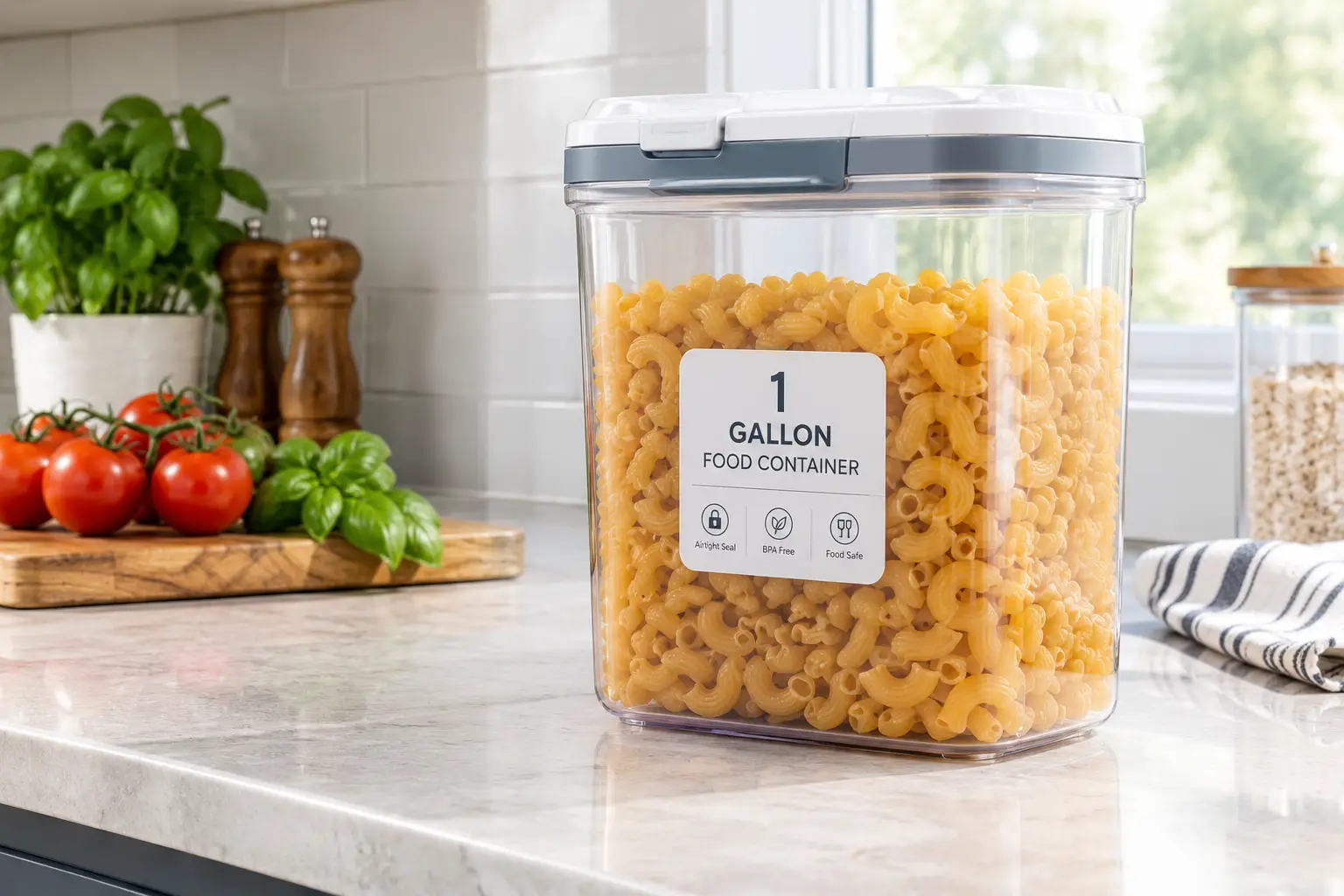 1 gallon food container filled with dry pasta on a bright kitchen countertop