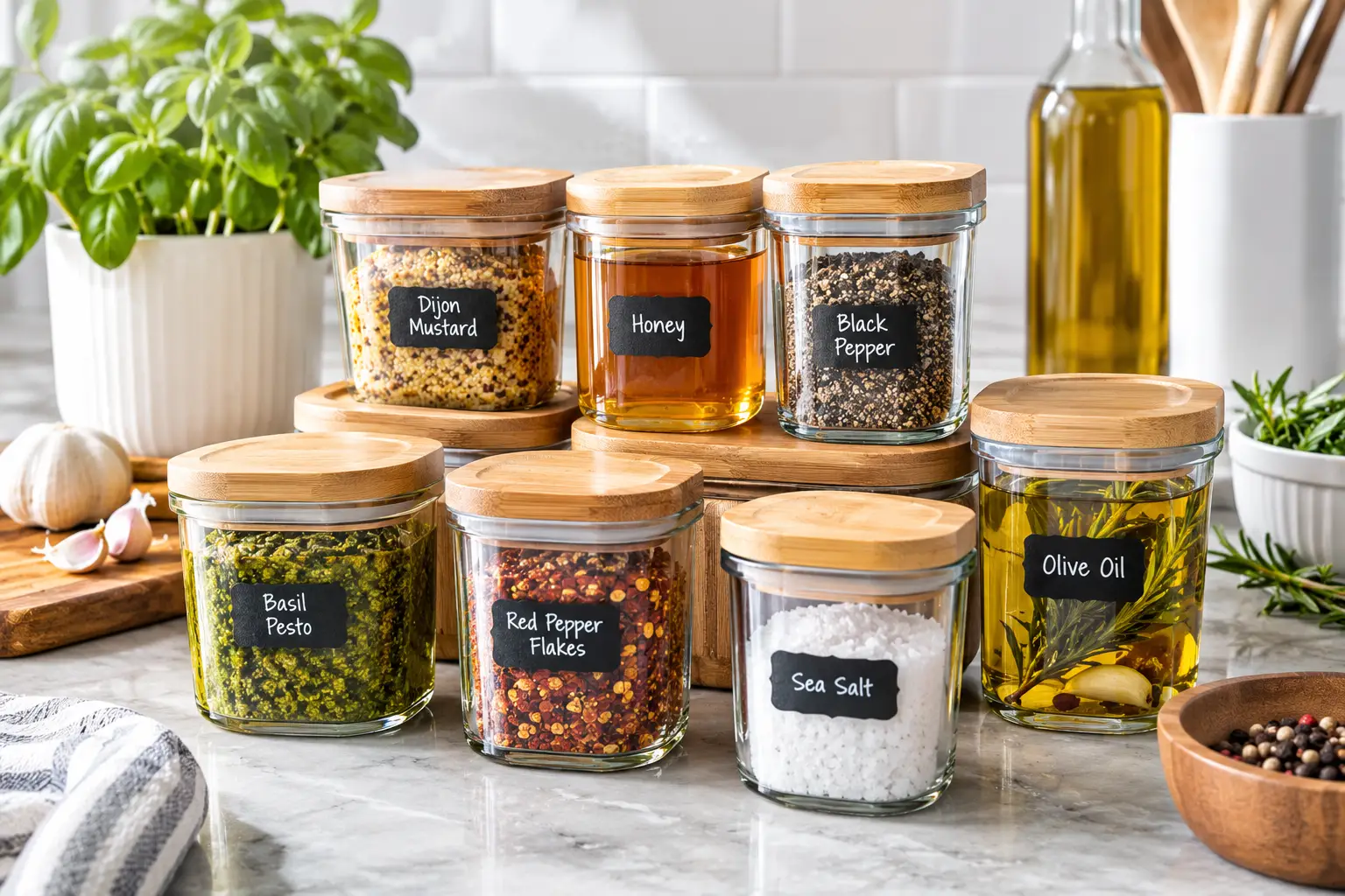 glass condiment containers with bamboo lids filled with mustard, honey, pepper, pesto, sea salt, and olive oil on a kitchen countertop