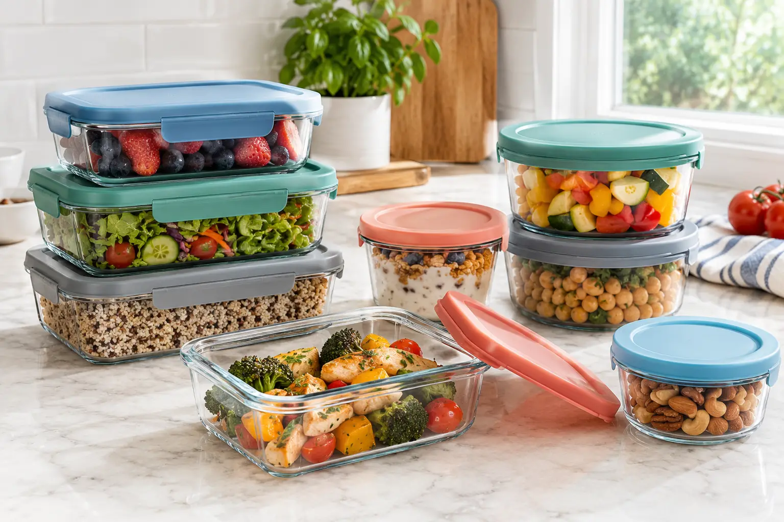 glass containers with silicone lids filled with fresh meals, fruit, vegetables, grains, and snacks