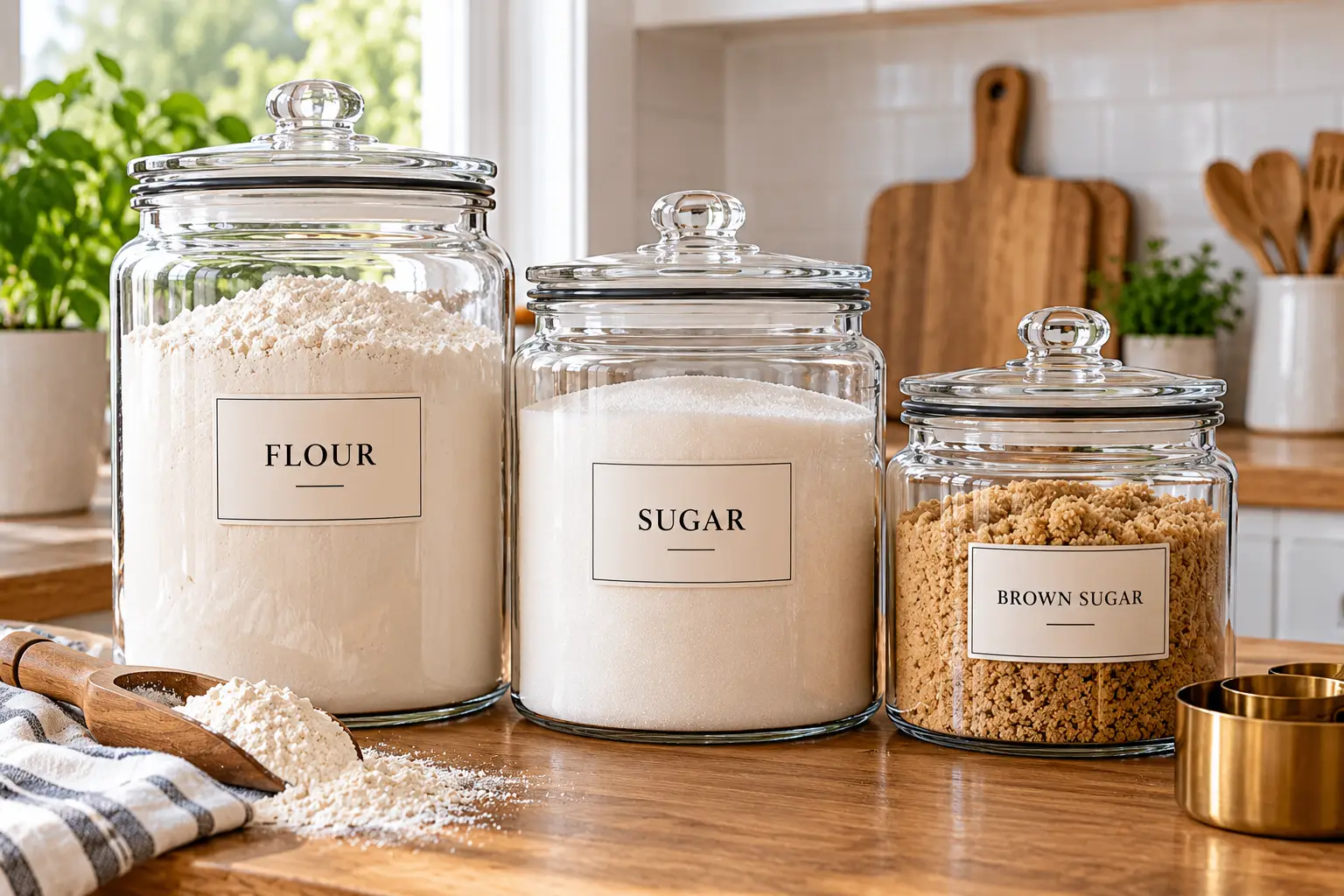 Glass flour sugar canisters featuring three clear glass jars with airtight lids labeled flour, sugar, and brown sugar, neatly arranged on a wooden kitchen countertop with measuring cups, wooden utensils, and soft natural daylight.