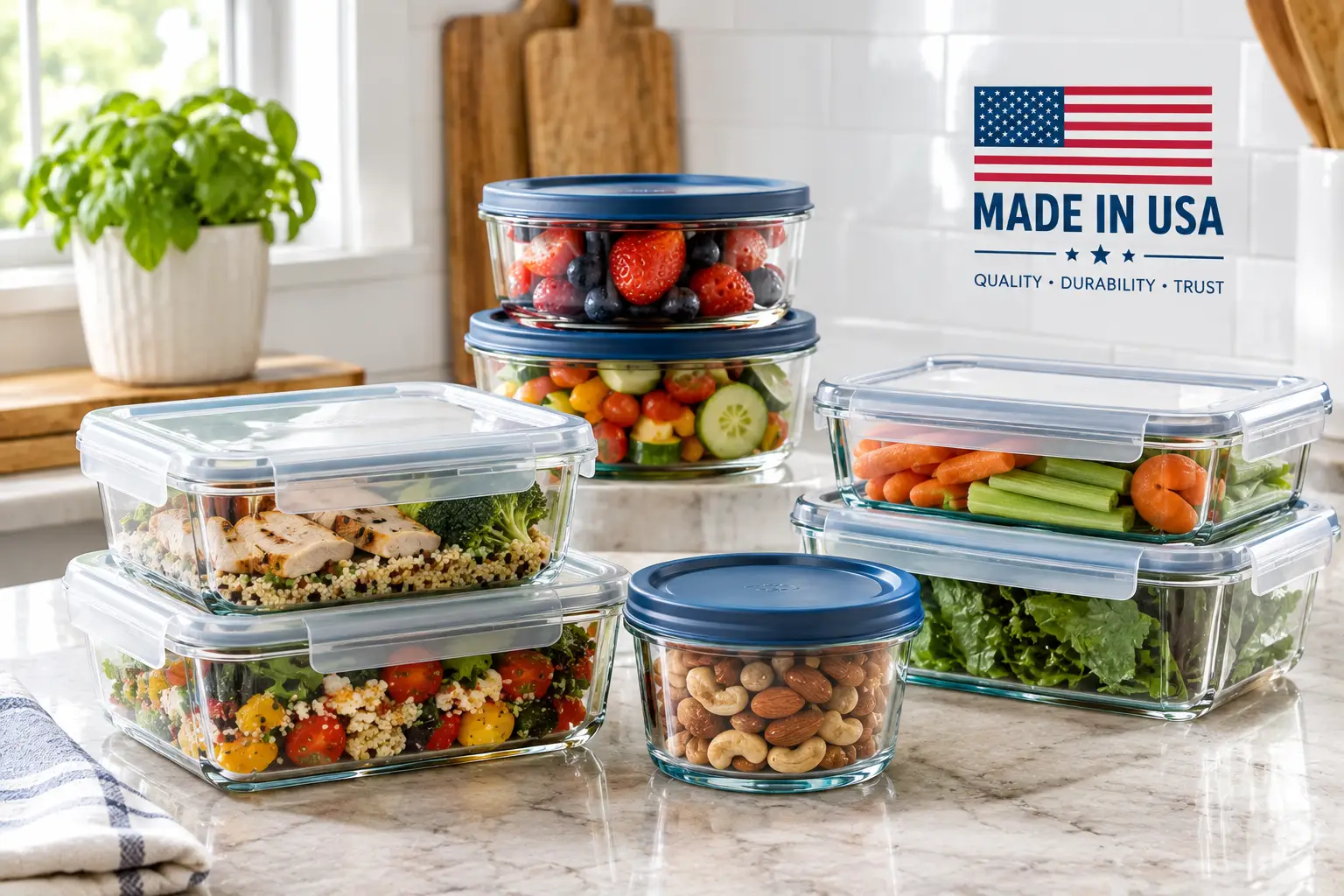glass storage containers made in usa filled with fresh meals, fruits, vegetables, and snacks