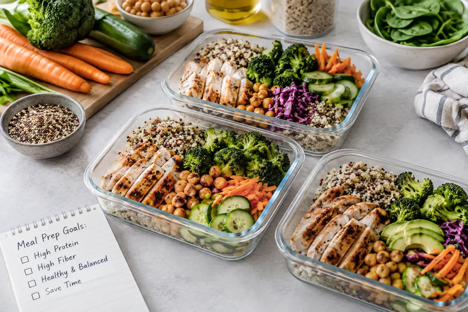 High protein high fiber meal prep with grilled chicken, quinoa, chickpeas, broccoli, vegetables, and avocado in healthy meal prep containers.