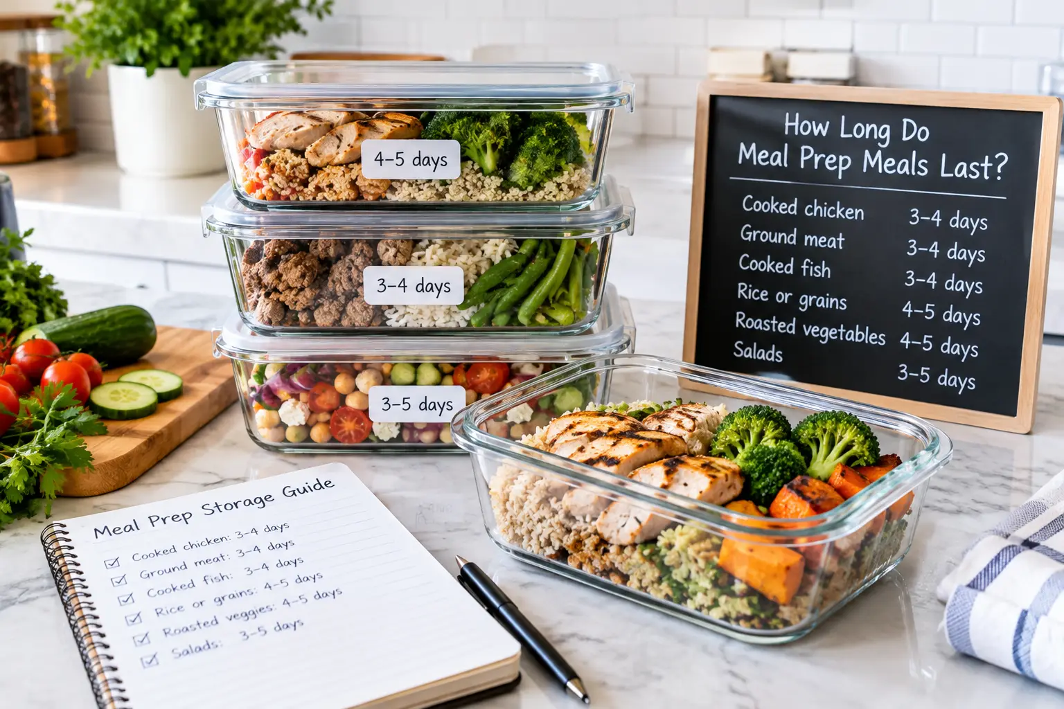 Meal prep containers with cooked chicken, vegetables, grains, and storage labels showing how long meal prep meals last in the refrigerator