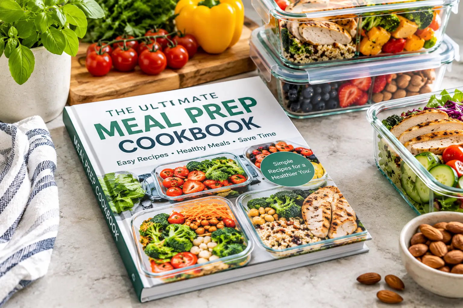 meal prep cook book featuring healthy meal prep recipes with grilled chicken, quinoa, fresh vegetables, and organized food containers