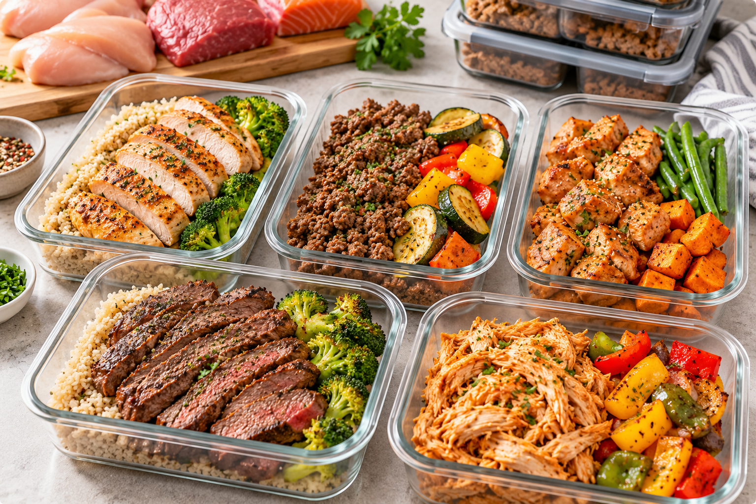 Meal prep meat featuring grilled chicken breast, seasoned ground beef, sliced steak, and shredded chicken in glass meal prep containers with rice and roasted vegetables, ideal for preparing convenient, protein-rich meals for the week.