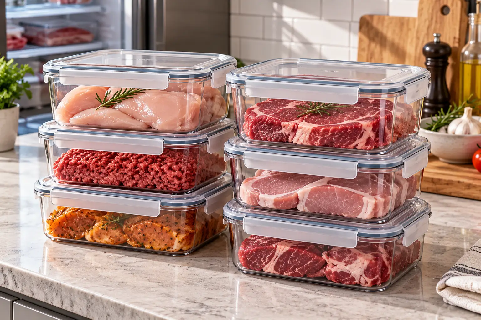 Meat storage containers featuring clear airtight containers with secure lids filled with raw chicken, ground beef, marinated meat, pork chops, and fresh steaks, neatly stacked on a clean kitchen countertop for organized food storage.