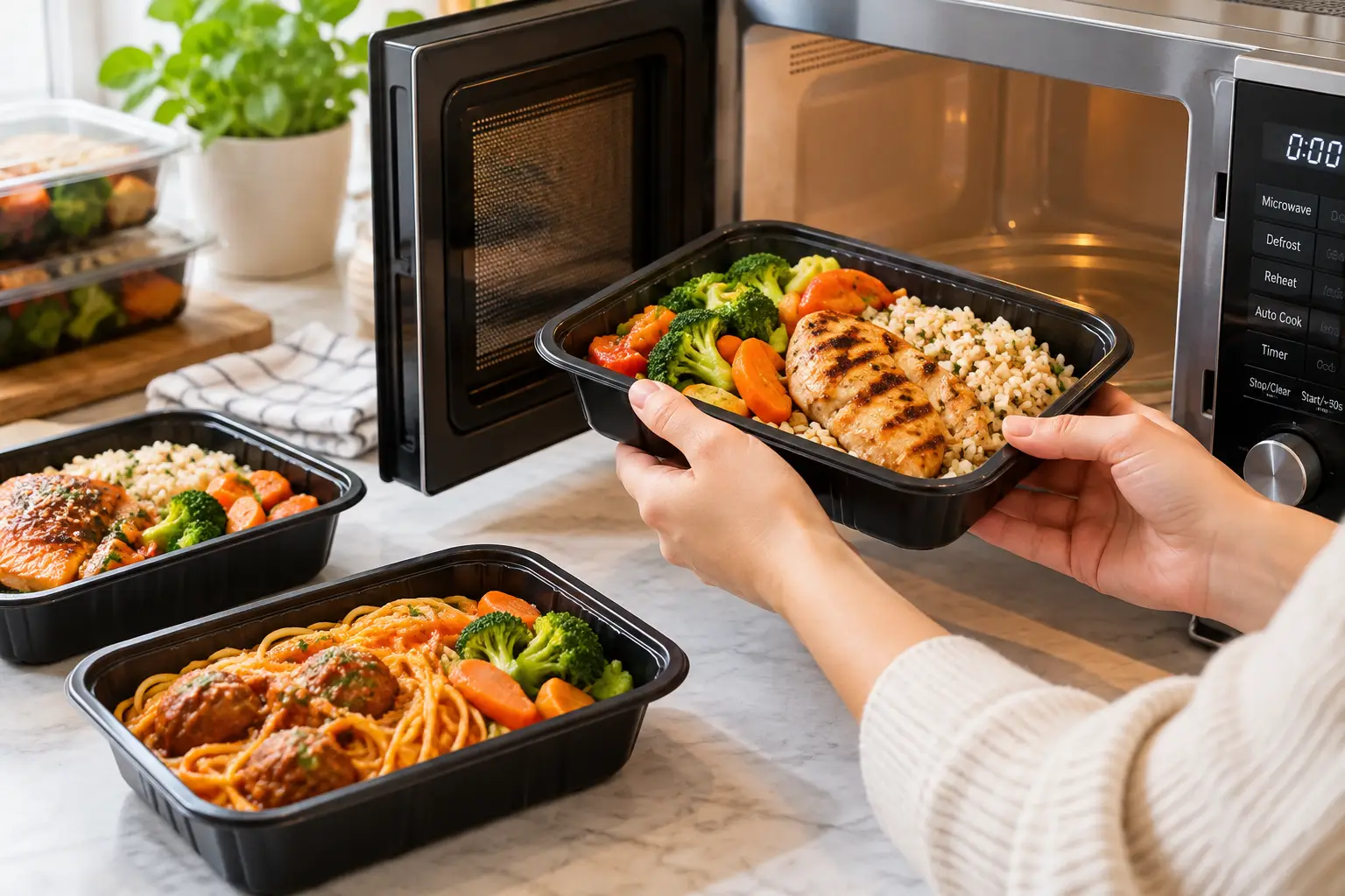 Microwave ready meals featuring grilled chicken, rice, fresh broccoli, carrots, and meatballs in convenient meal prep trays, ready to heat in the microwave.