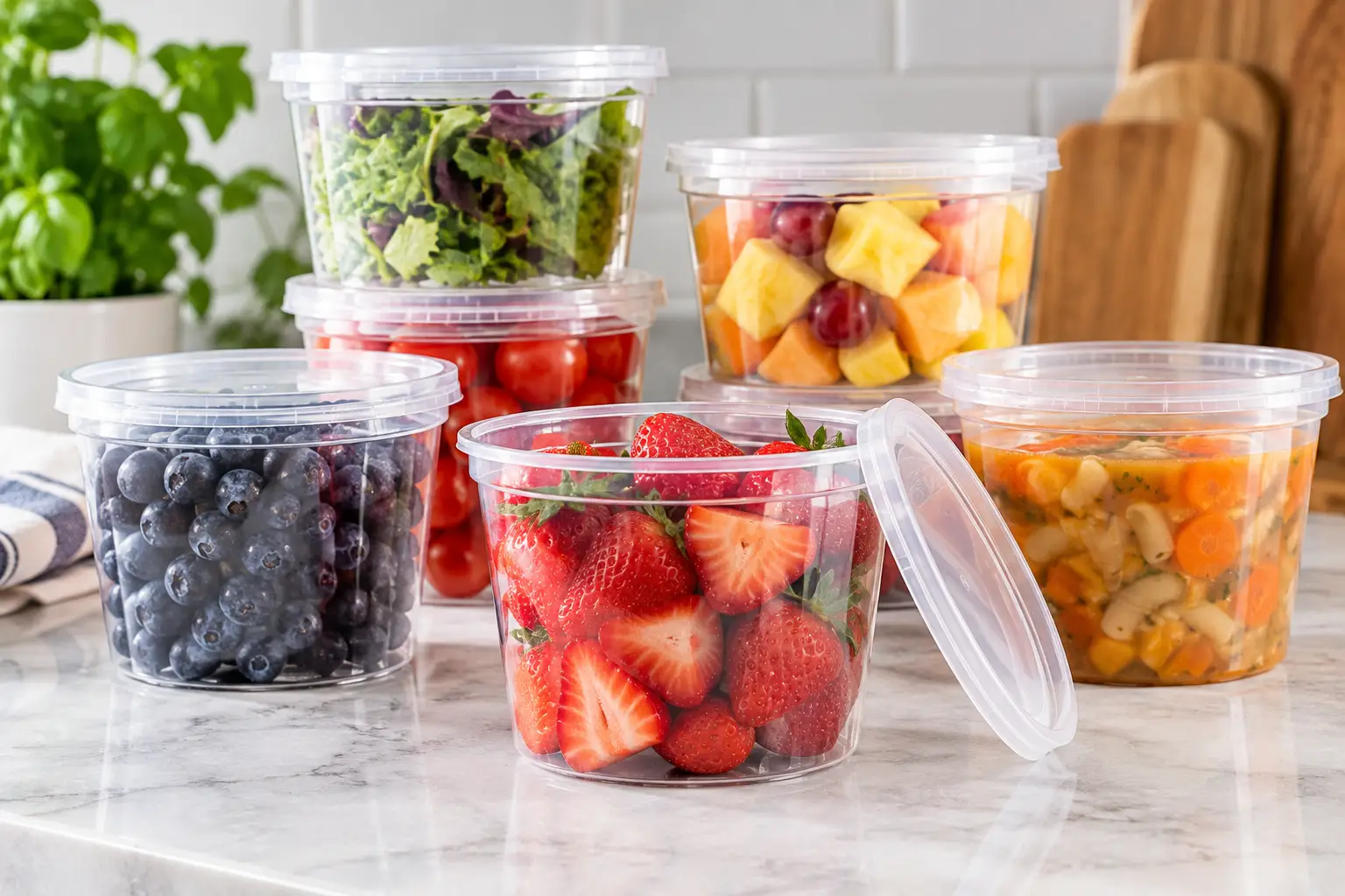 plastic pint containers with clear lids filled with fresh fruit, salad, tomatoes, and prepared food