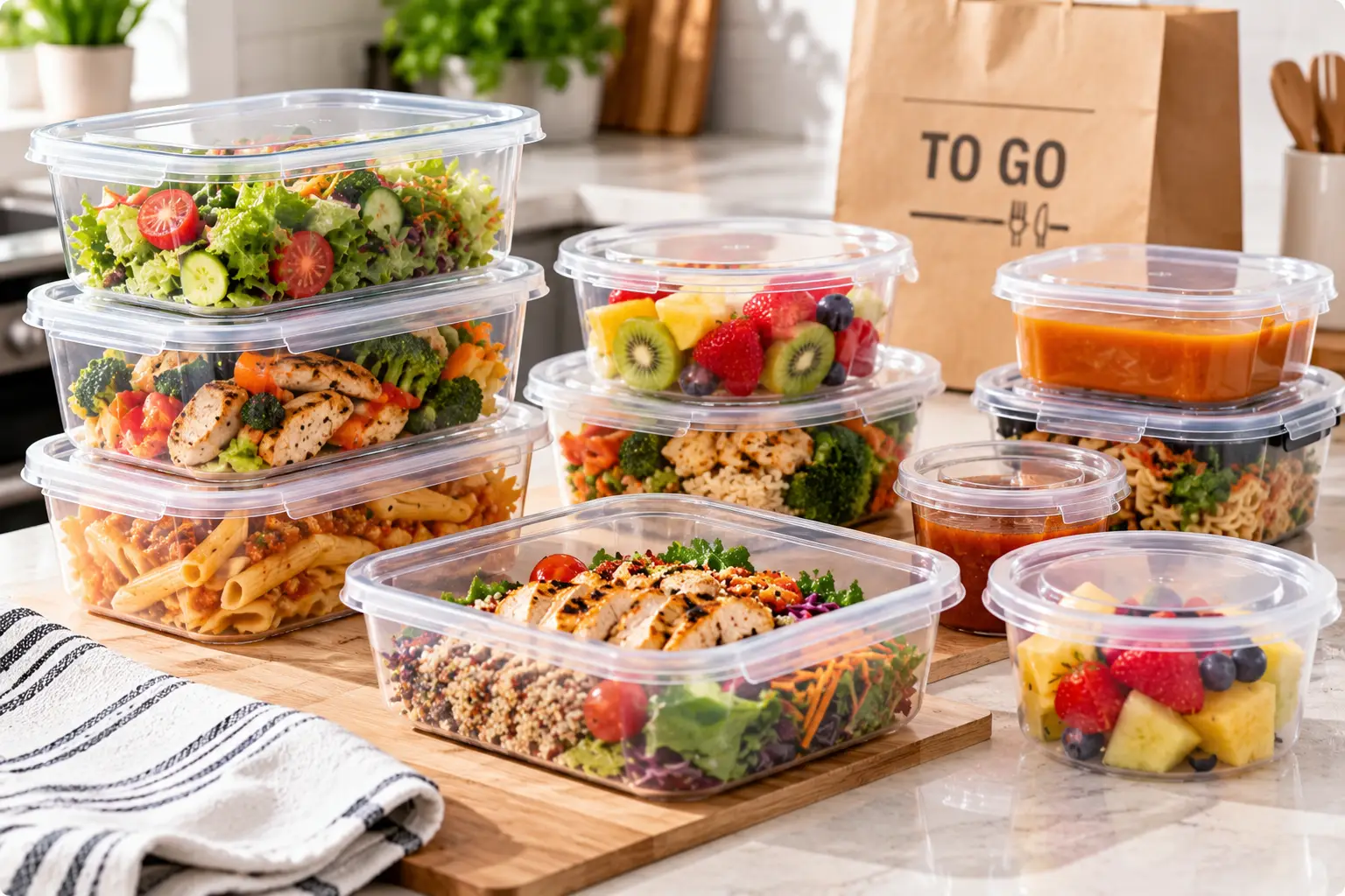 Plastic to go containers with lids featuring clear, stackable food packaging filled with fresh salads, grilled chicken, pasta, fruit, and sauces, ideal for takeout meals, food storage, and meal preparation.