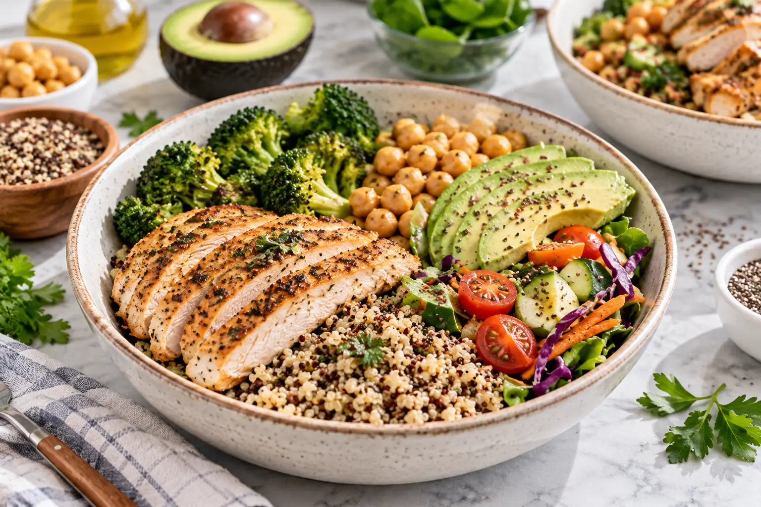 Protein and fiber meals featuring grilled chicken, quinoa, chickpeas, broccoli, avocado, and fresh vegetables in a healthy, balanced bowl.